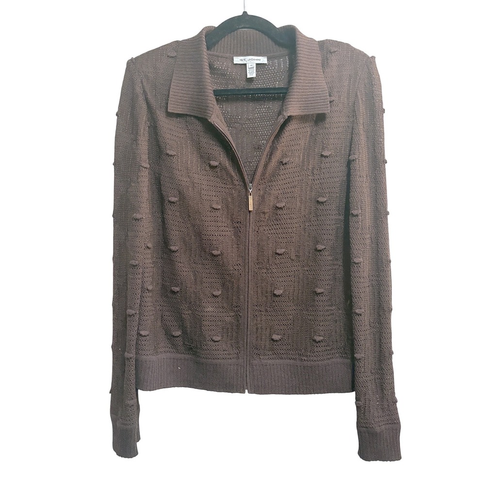 St John Zip Up Knit Cardigan Brown Sweater Brown Pointelle Pom‎ Pom Medium